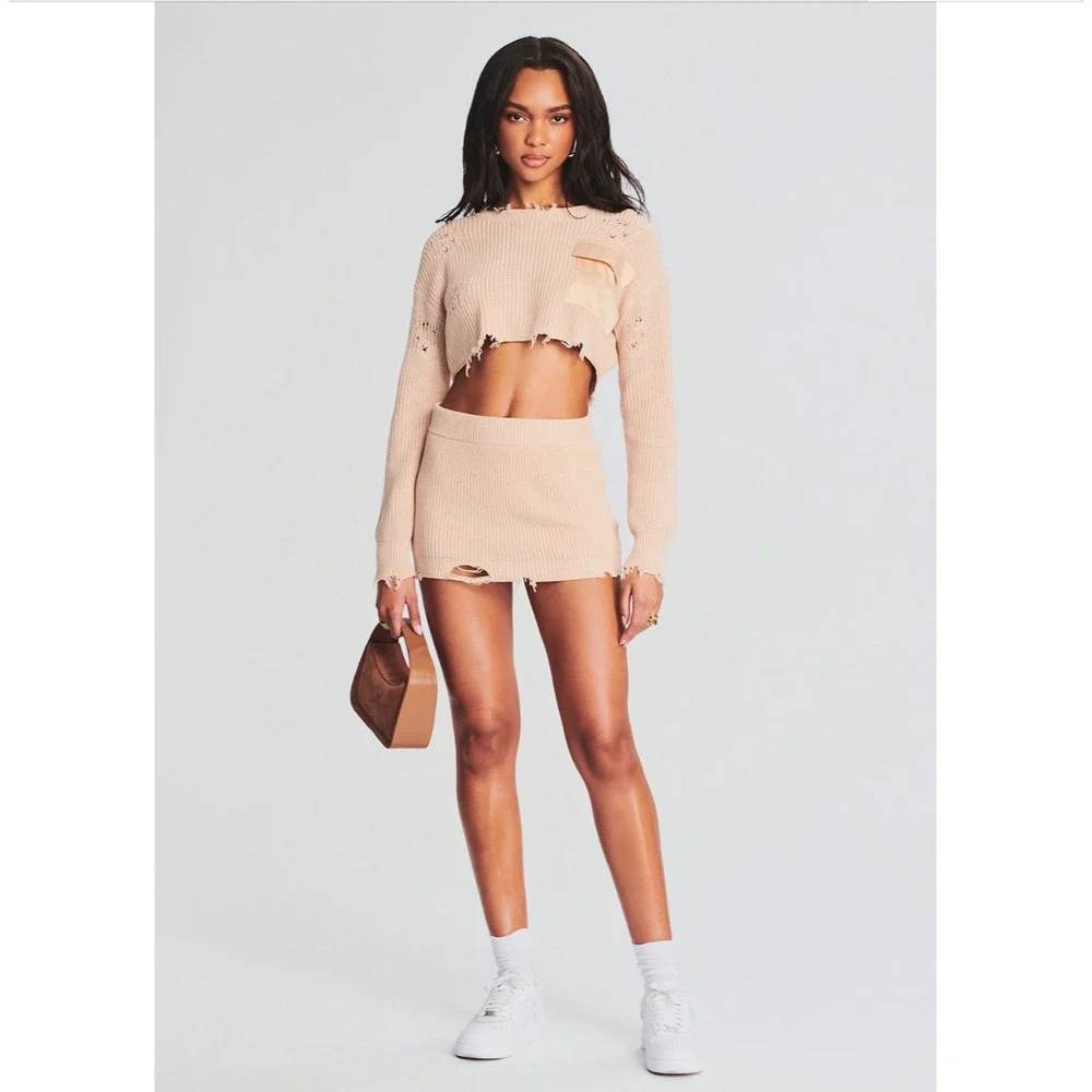 SER.O.YA Arola Skirt Rib Knit Cappuccino Beige Pull On Cotton Distressed XL NWT